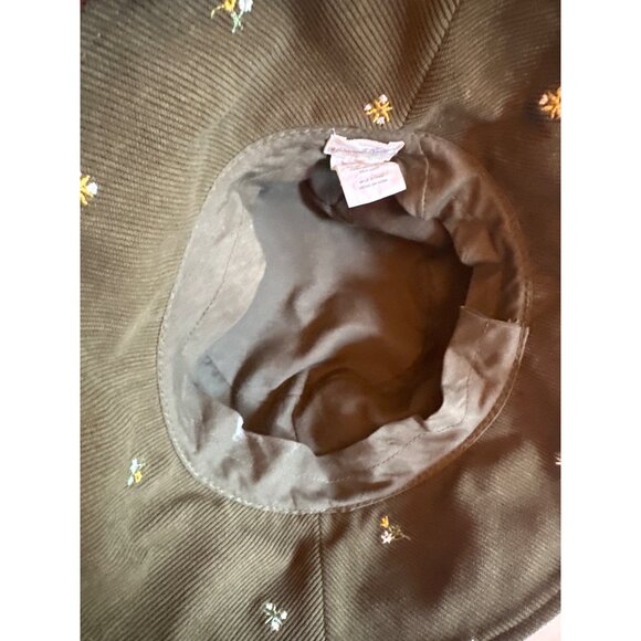 Olive Green Corduroy Bucket Hat With Embroidered Floral Details Boho Casual - Picture 3 of 4